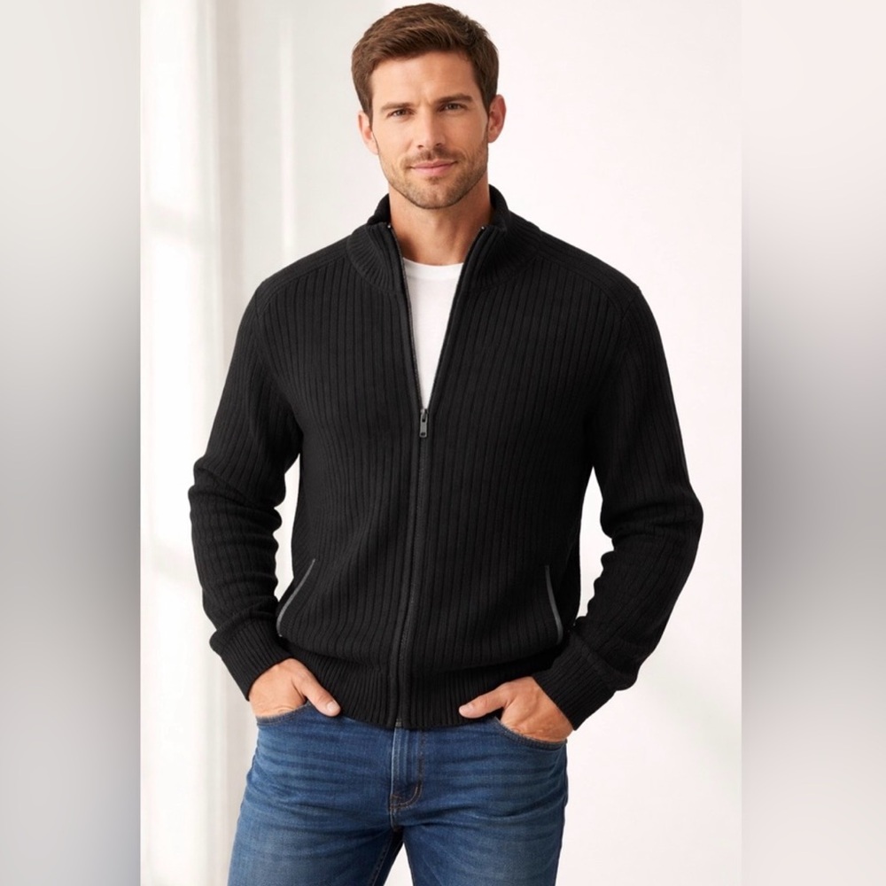 Alfani Men's Black Full-Zip Ribbed Knit Pocketed Sweater. R13B